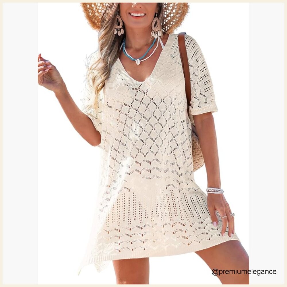 Crochet Hollow Out Beach Cover Up Dress V Neck Loose Fit Polyester
